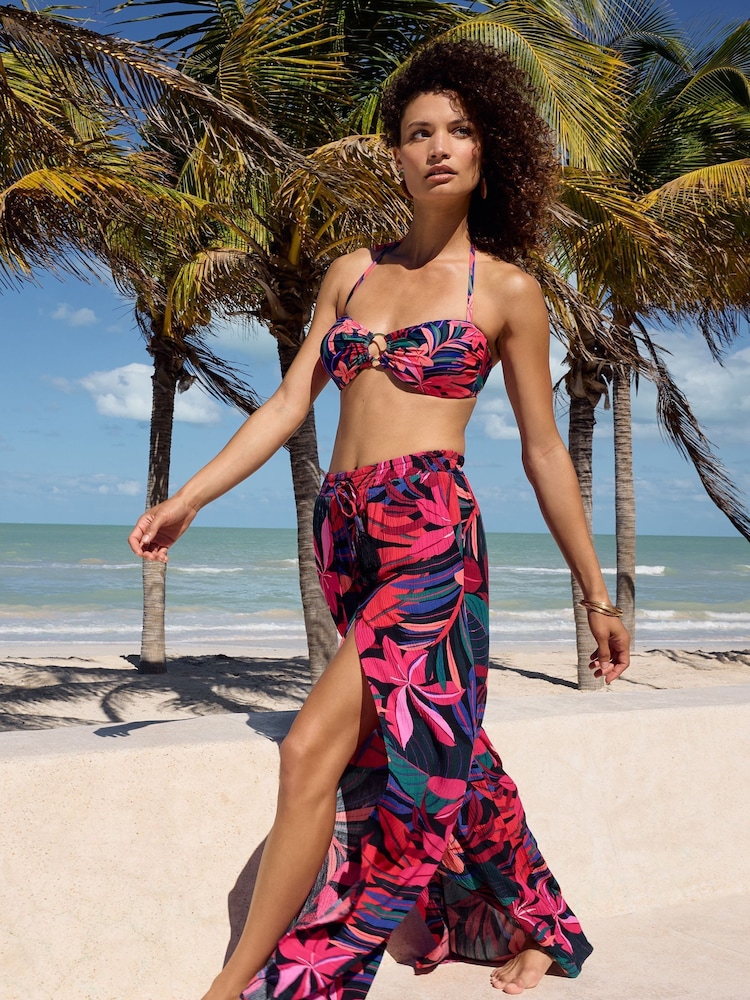 Love & Roses Pink Print Petite Split Detail Beach Tie Front Trousers - Image 4 of 4