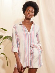 Love & Roses Ivory White Stripe Button Through Shirt Co Ord - Image 1 of 4