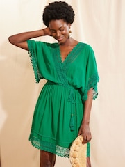 Love & Roses Green Petite Lace Trim Belted Cover Up Kaftan - Image 1 of 4