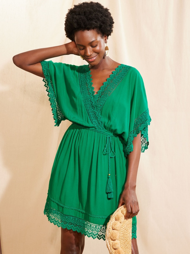 Love & Roses Green Petite Lace Trim Belted Cover Up Kaftan - Image 1 of 4
