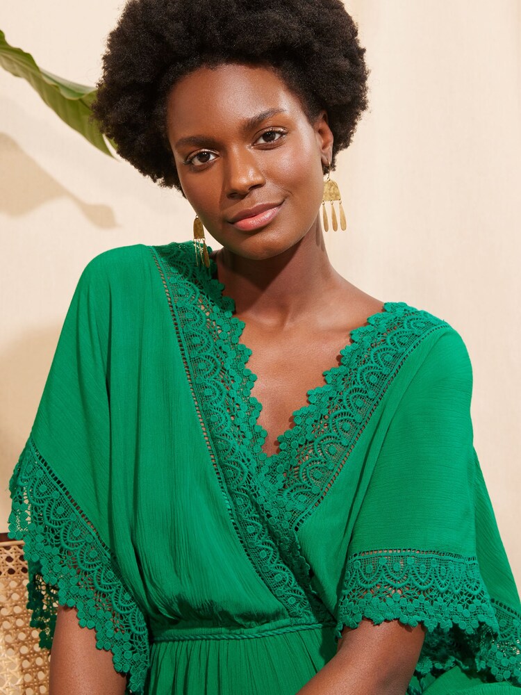 Love & Roses Green Petite Lace Trim Belted Cover Up Kaftan - Image 2 of 4