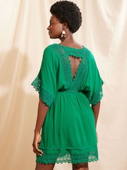 Love & Roses Green Petite Lace Trim Belted Cover Up Kaftan - Image 3 of 4