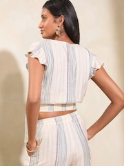 Love & Roses Blue Metallic Stripe Flutter Sleeve Wrap Top - Image 3 of 4