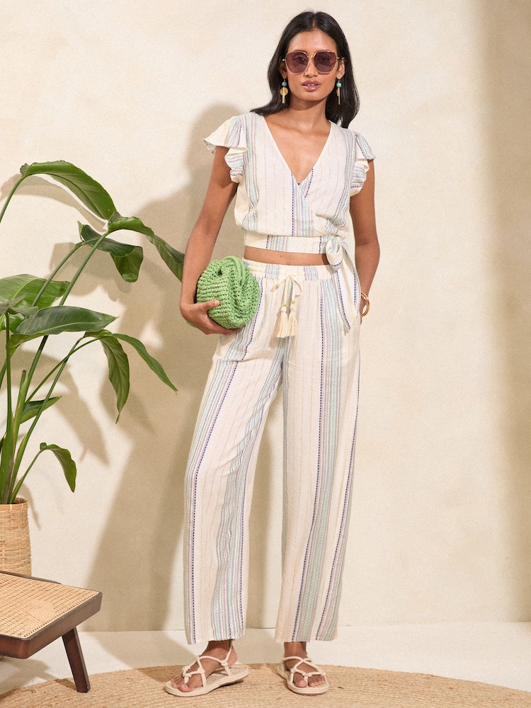 Love & Roses Blue Metallic Stripe Flutter Sleeve Wrap Top - Image 4 of 4