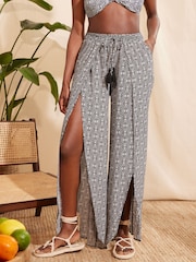 Love & Roses Black/White Split Detail Beach Tie Front Trousers - Image 1 of 4