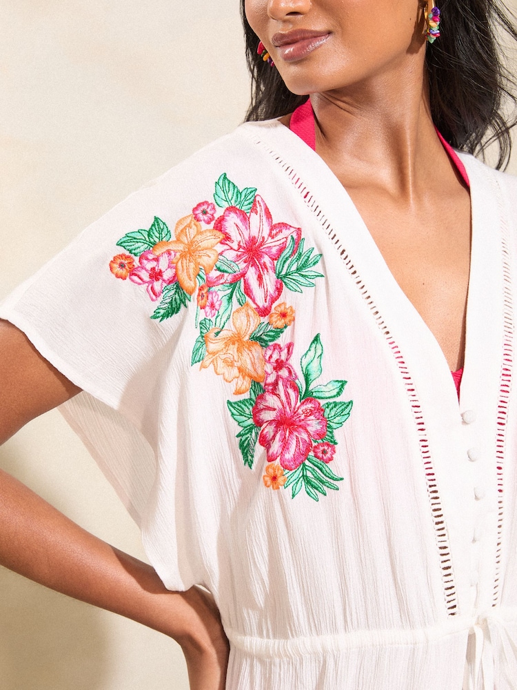 Love & Roses Ivory White Trim Detail Cover Up Kaftan - Image 2 of 4