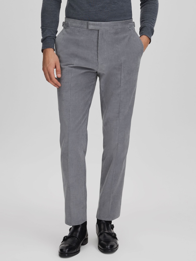Reiss Ice Blue Kempton Slim Fit Corduroy Trousers with Turn-Ups - Image 1 of 6
