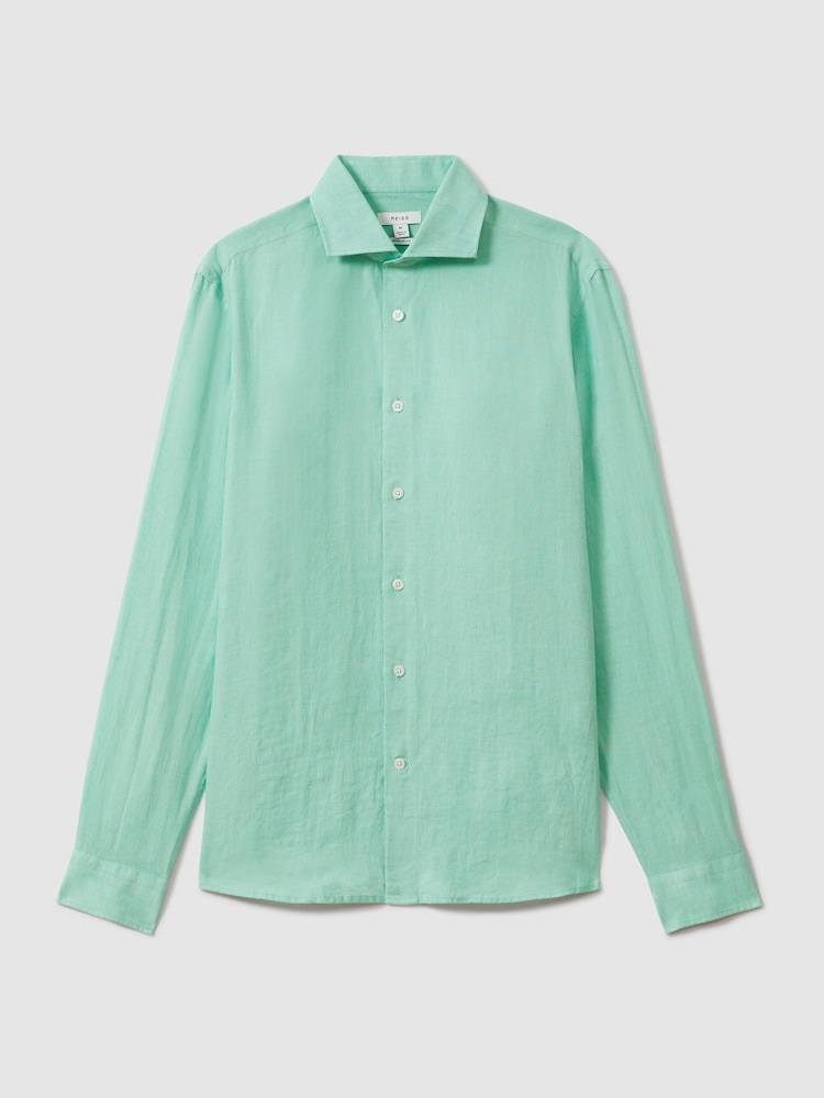 Reiss Bermuda Green Ruban Linen Button-Through Shirt - Image 2 of 6