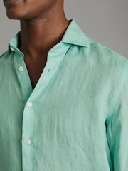 Reiss Bermuda Green Ruban Linen Button-Through Shirt - Image 4 of 6