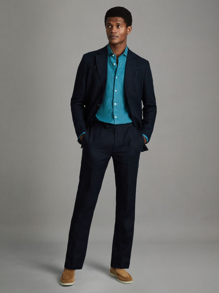 Reiss Teal Blue Ruban Linen Button-Through Shirt - Image 2 of 6