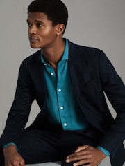 Reiss Teal Blue Ruban Linen Button-Through Shirt - Image 5 of 6