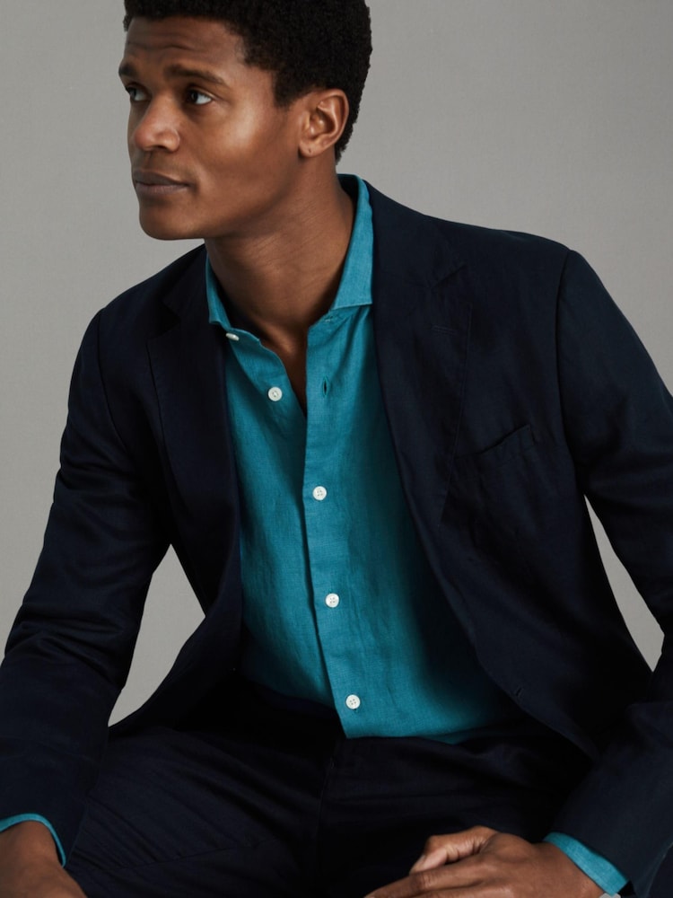 Reiss Teal Blue Ruban Linen Button-Through Shirt - Image 6 of 6