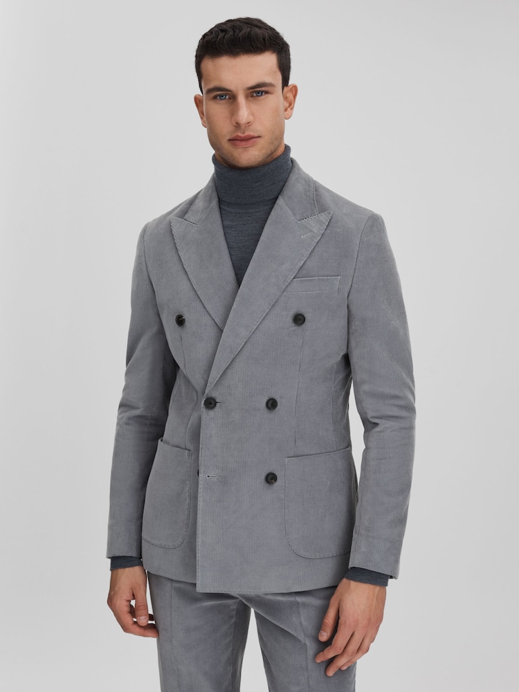 Reiss Ice Blue Kempton Slim Fit Corduroy Double Breasted Blazer - Image 1 of 9