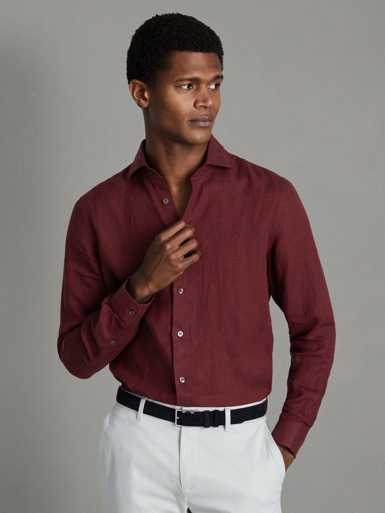 Reiss Pecan Brown Ruban Linen Button-Through Shirt - Image 1 of 6