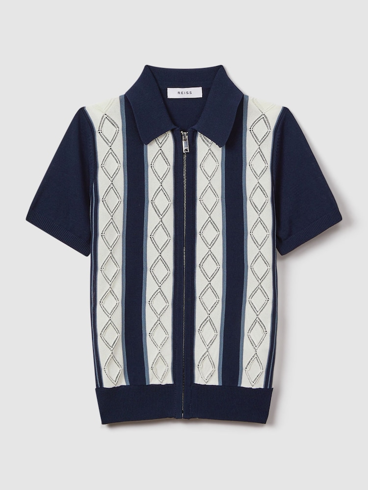 Reiss Navy/White Selwood 3-9 yrs Colourblock Zip-Through Shirt - Image 2 of 6