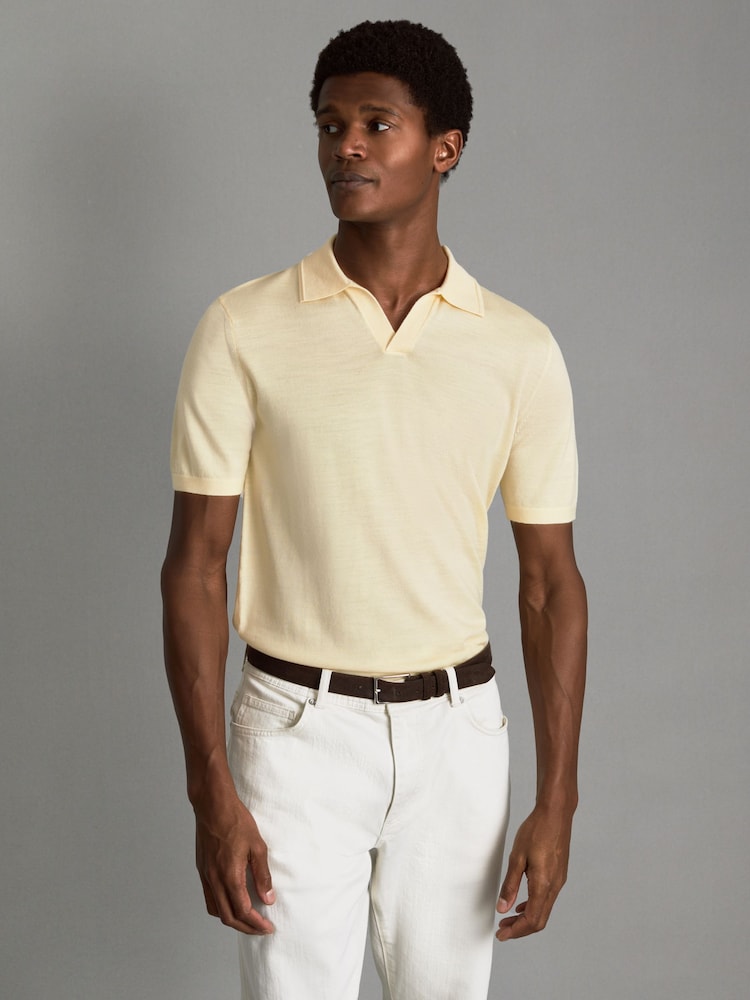 Reiss Buttermilk Yellow Duchie Merino Wool Open Collar Polo Shirt - Image 1 of 6
