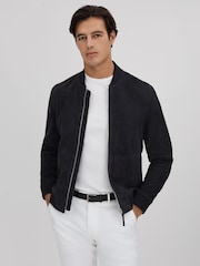 Reiss Navy Dilan Suede Zip-Through Bomber Jacket - Image 1 of 6