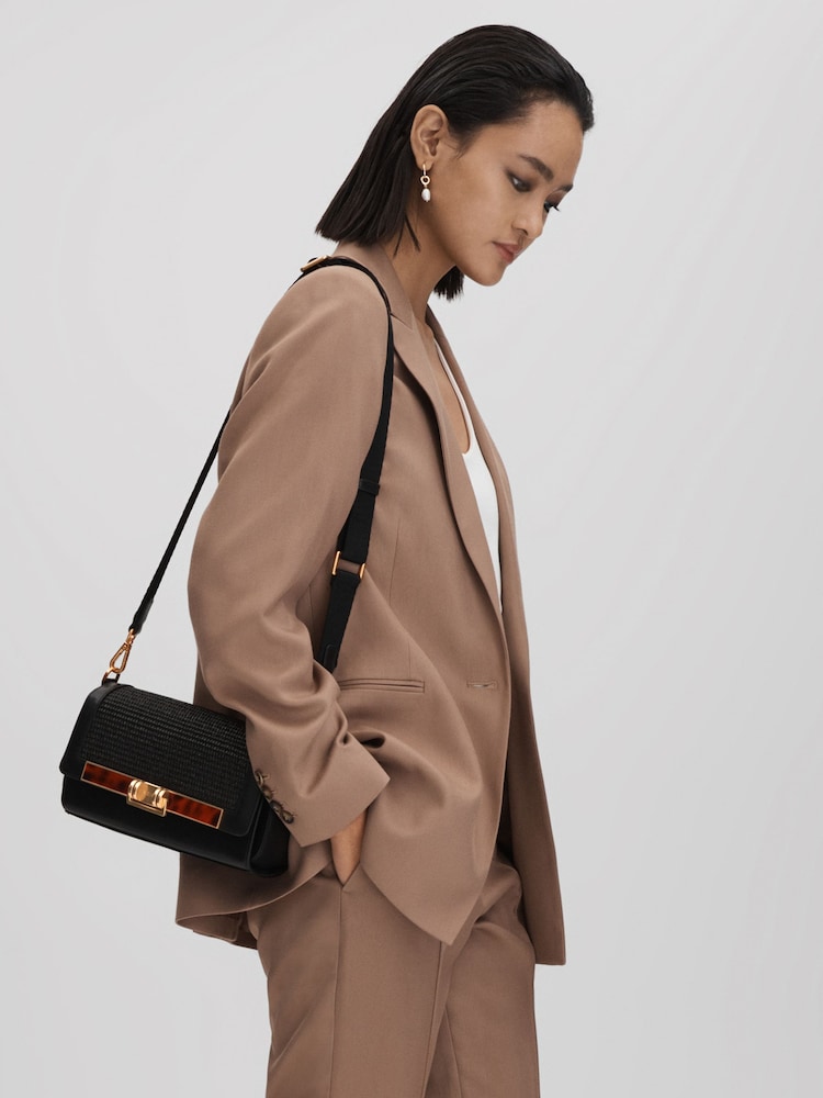 Reiss Black Ivy Leather Raffia Baguette Bag - Image 2 of 6