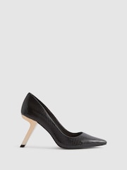 Reiss Black Monroe Leather Angled Heel Court Shoes - Image 1 of 5