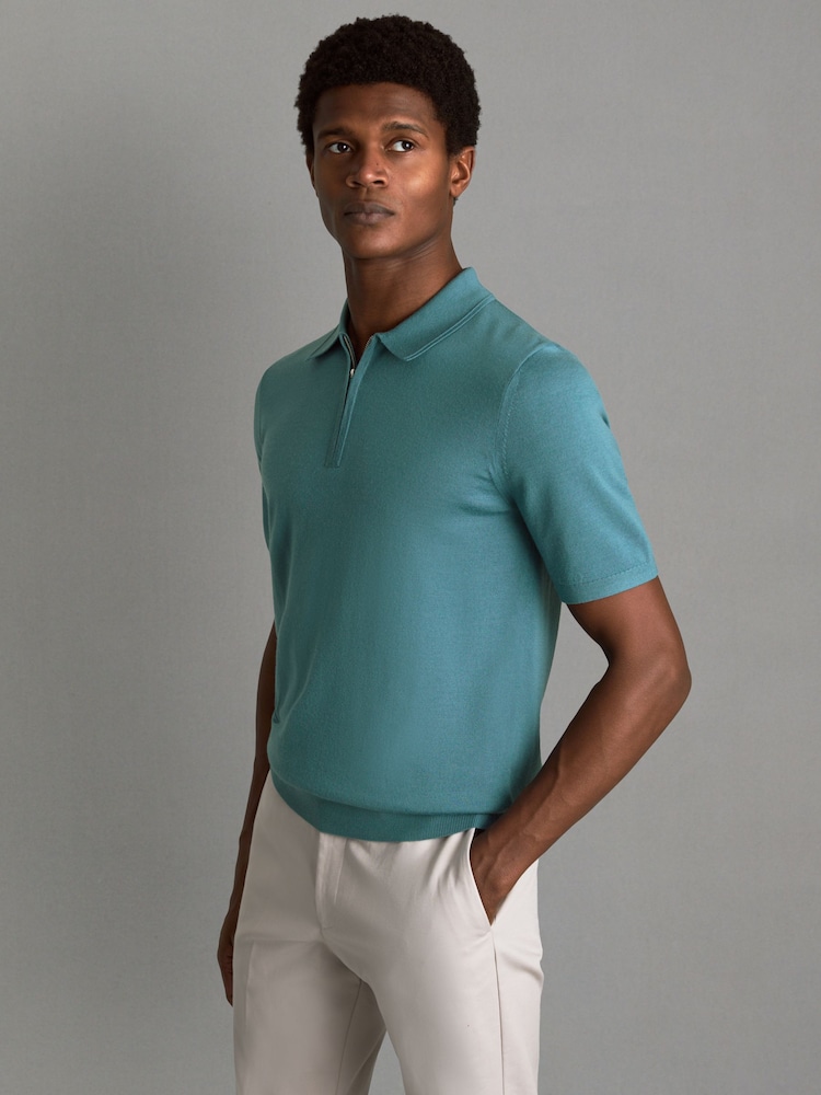 Reiss Ocean Green Maxwell Merino Wool Half-Zip Polo Shirt - Image 1 of 6 Reiss Ocean Green Maxwell Merino Wool Half-Zip Polo Shirt - Image 1 of 6