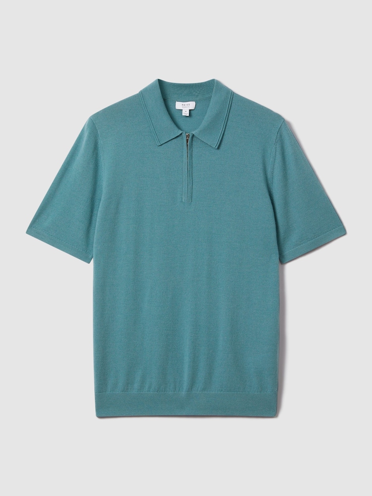 Reiss Ocean Green Maxwell Merino Wool Half-Zip Polo Shirt - Image 2 of 6 Reiss Ocean Green Maxwell Merino Wool Half-Zip Polo Shirt - Image 2 of 6