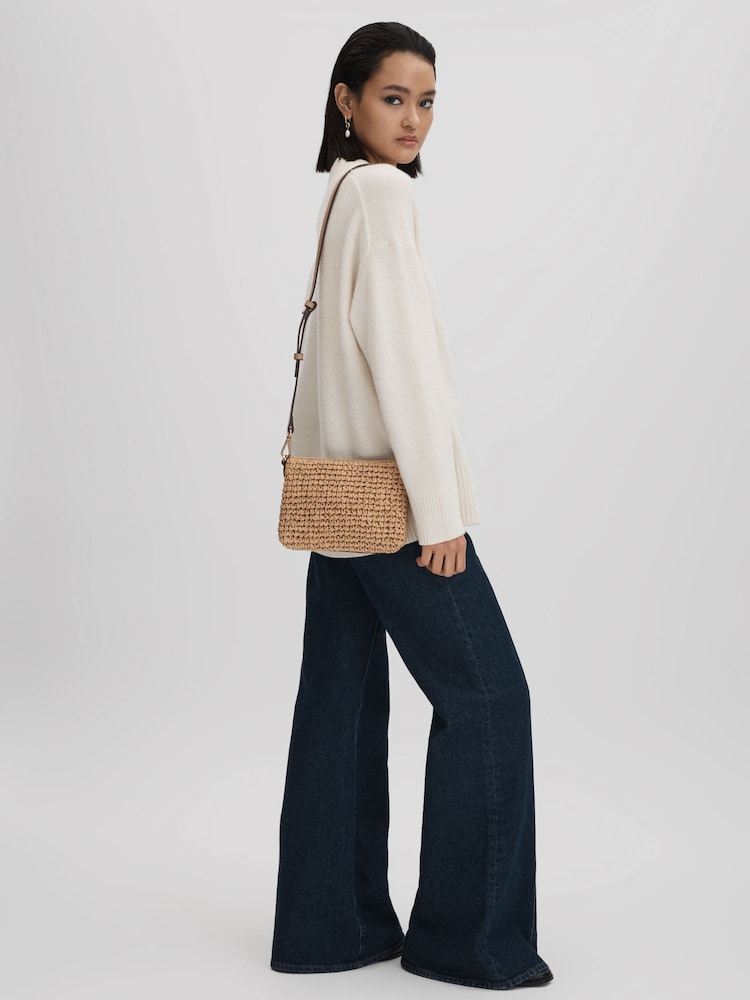 Reiss Tan Brompton Leather Raffia Pouch Bag - Image 2 of 6