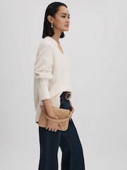 Reiss Tan Brompton Leather Raffia Pouch Bag - Image 3 of 6