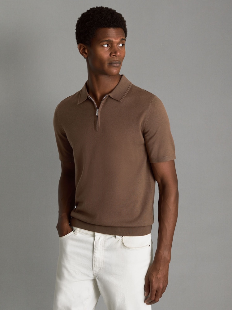 Reiss Pecan Brown Blackhall Merino Wool Half-Zip Funnel Neck Jumper - Image 1 of 7