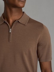 Reiss Pecan Brown Blackhall Merino Wool Half-Zip Funnel Neck Jumper - Image 4 of 7