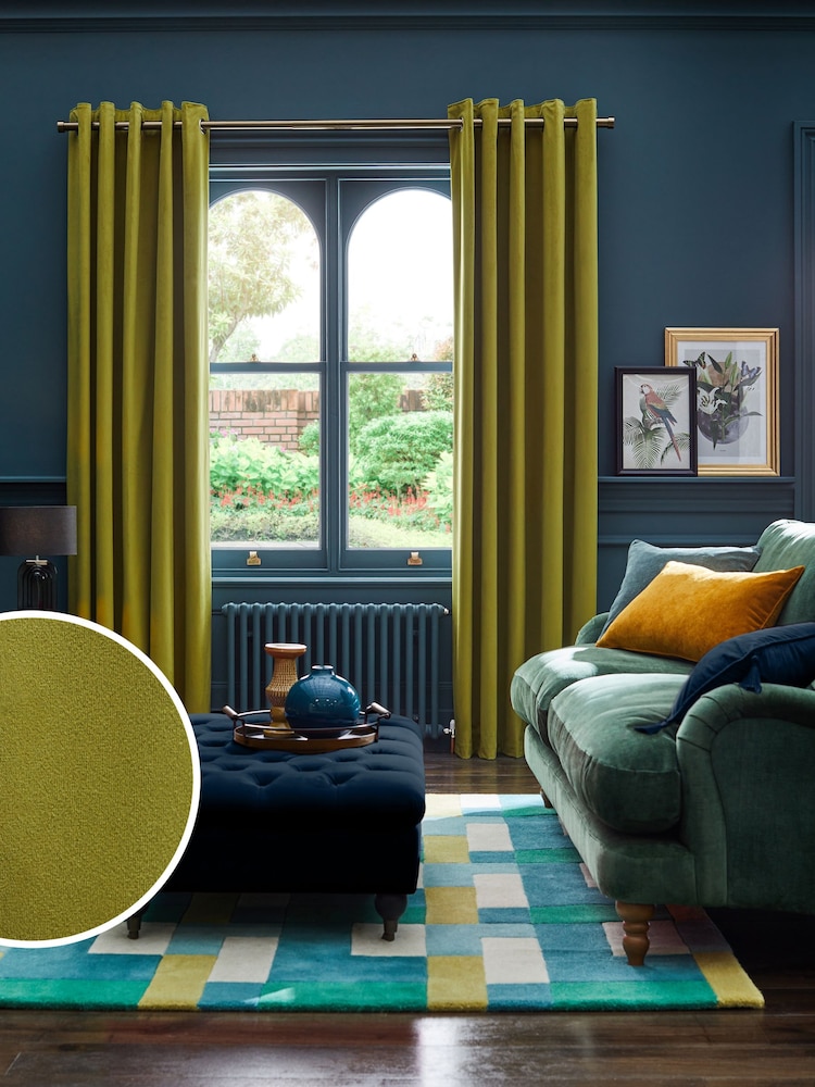 Lime Green Matte Velvet Blackout/Thermal Eyelet Curtains - Image 1 of 7