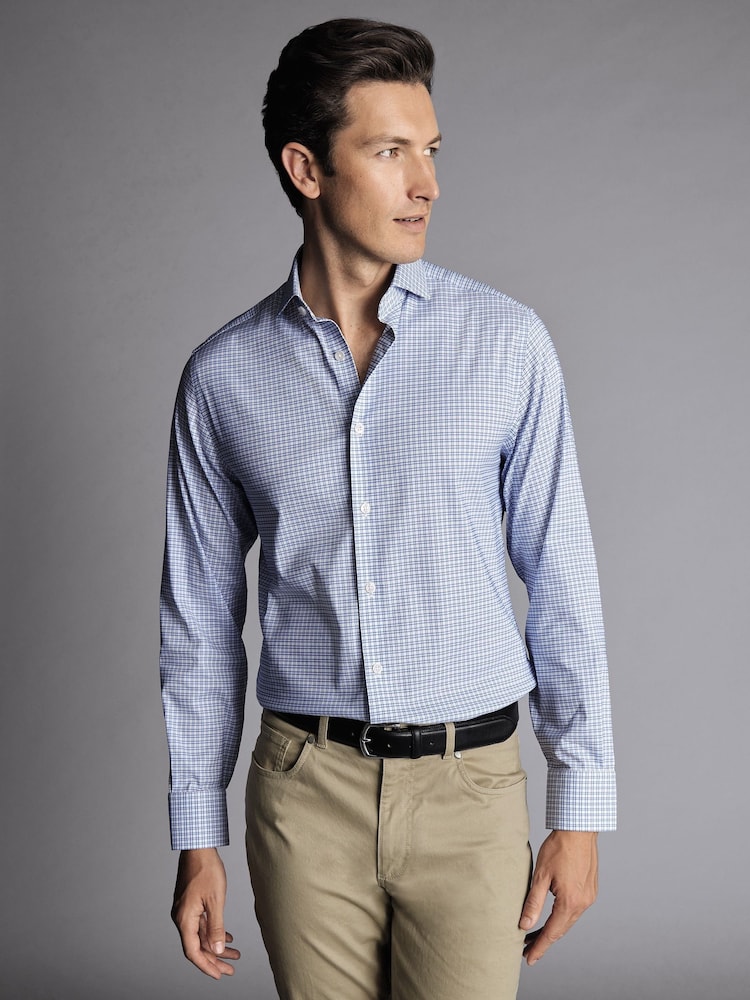 Charles Tyrwhitt Blue Grid Check Non-iron Stretch Twill Slim Fit Shirt - Image 1 of 5