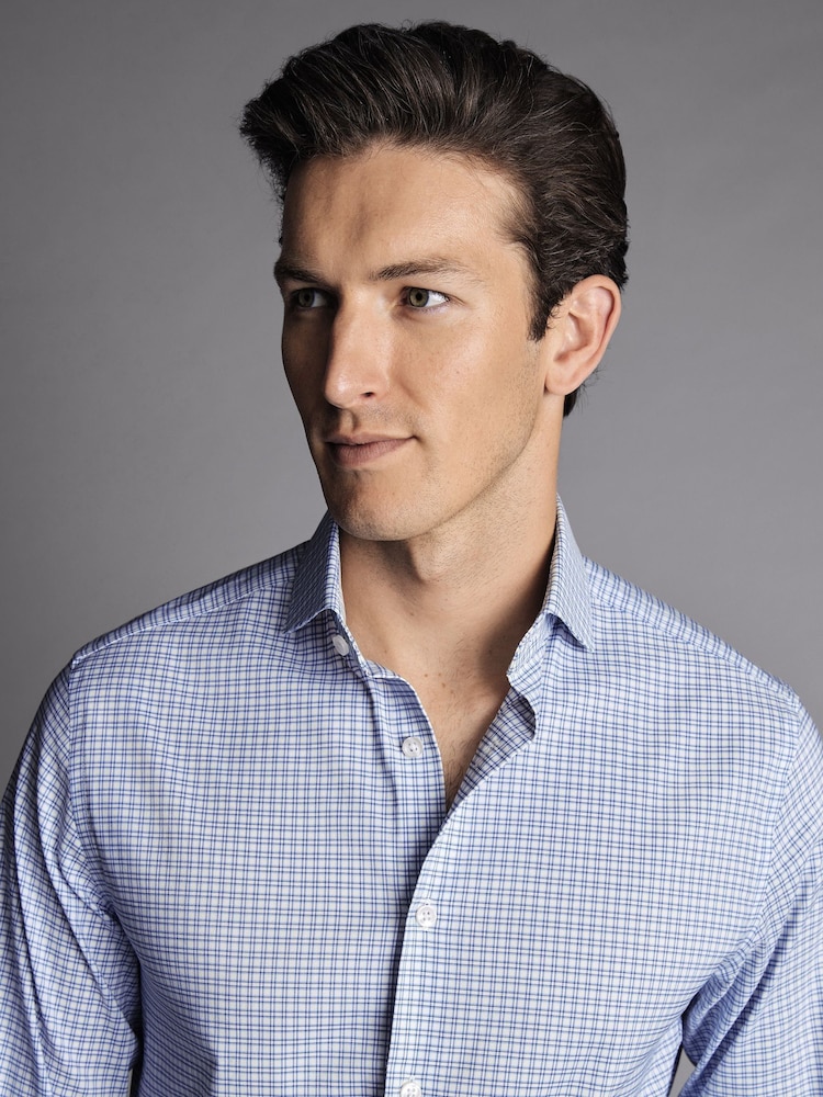 Charles Tyrwhitt Blue Grid Check Non-iron Stretch Twill Slim Fit Shirt - Image 2 of 5