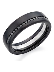 Beaverbrooks Mens Platinum and Zirconium Diamond Wedding Black Ring - Image 1 of 4