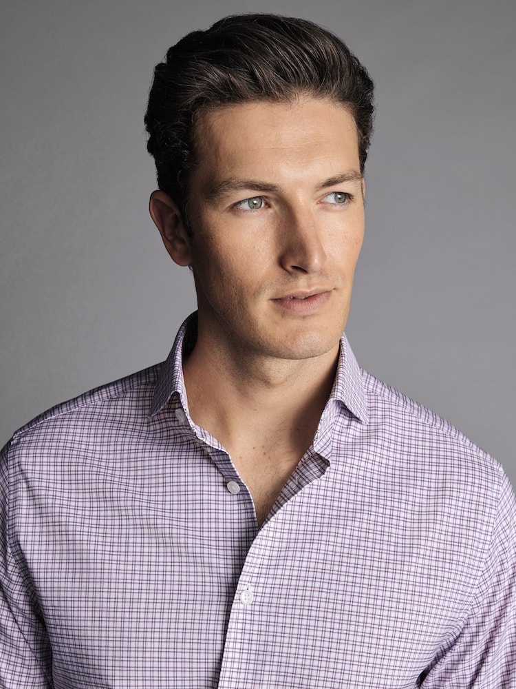 Charles Tyrwhitt Purple Mauve Grid Check Non-iron Stretch Twill Slim Fit Shirt - Image 2 of 5