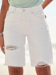 White Ripped Denim Bermuda Shorts - Image 2 of 7