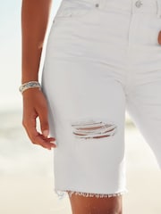 White Ripped Denim Bermuda Shorts - Image 5 of 7