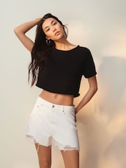White 100% Cotton Ripped Denim Shorts - Image 1 of 7