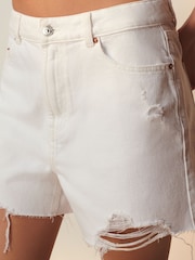 White 100% Cotton Ripped Denim Shorts - Image 4 of 7