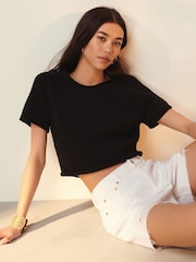 White 100% Cotton Ripped Denim Shorts - Image 5 of 7