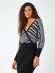 Roman Black Printed Wrap Knitted Dress - Image 3 of 5