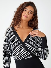 Roman Black Printed Wrap Knitted Dress - Image 4 of 5