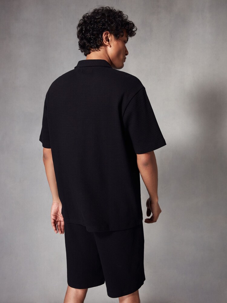 Black Waffle Texture Polo Shirt - Image 2 of 7