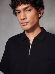 Black Waffle Texture Polo Shirt - Image 3 of 7
