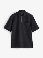 Black Waffle Texture Polo Shirt - Image 4 of 7