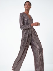 Roman Metallic Sequin Wide Leg Wrap Stretch Jumpsuit - Image 1 of 5