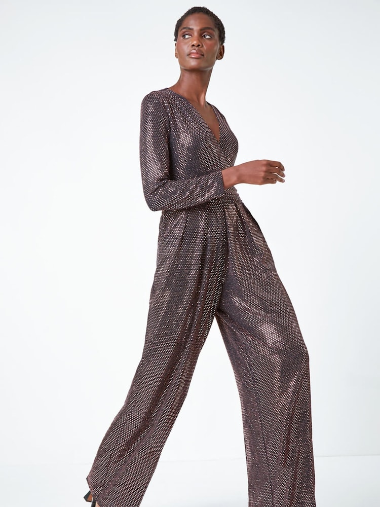 Roman Metallic Sequin Wide Leg Wrap Stretch Jumpsuit - Image 1 of 5