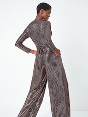 Roman Metallic Sequin Wide Leg Wrap Stretch Jumpsuit - Image 2 of 5