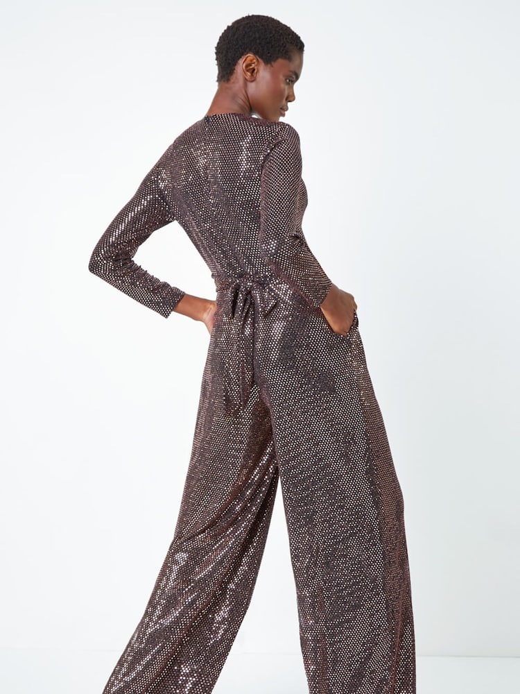 Roman Metallic Sequin Wide Leg Wrap Stretch Jumpsuit - Image 2 of 5