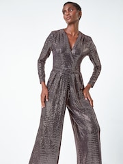 Roman Metallic Sequin Wide Leg Wrap Stretch Jumpsuit - Image 3 of 5