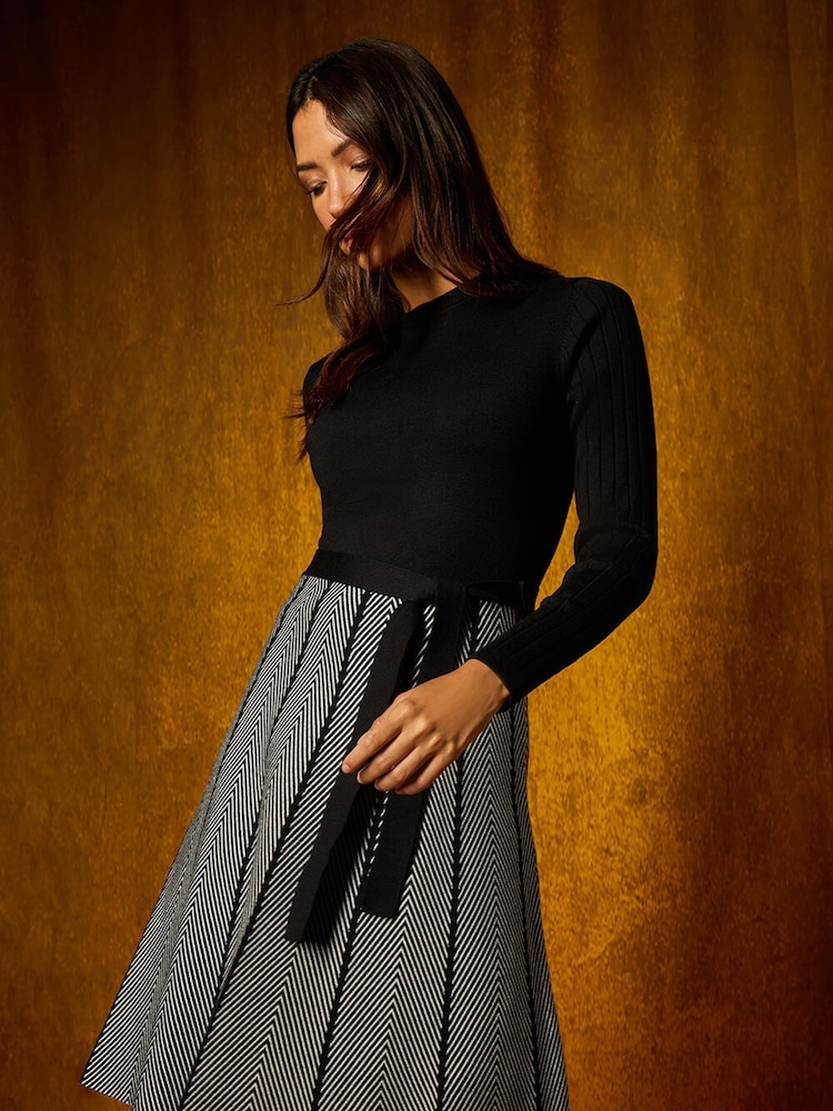Roman Black Chevron Print Belted Jumper Dress - Image 1 of 5